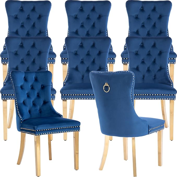 Mid Century Modern Dining Chairs Set of 8, Blue Velvet Upholstered Tufted Back, Kitchen & Dining Room Chairs, Gold Metal Legs, Nailhead Trim, Sillas para Comedor (Blue, 8 Pcs)