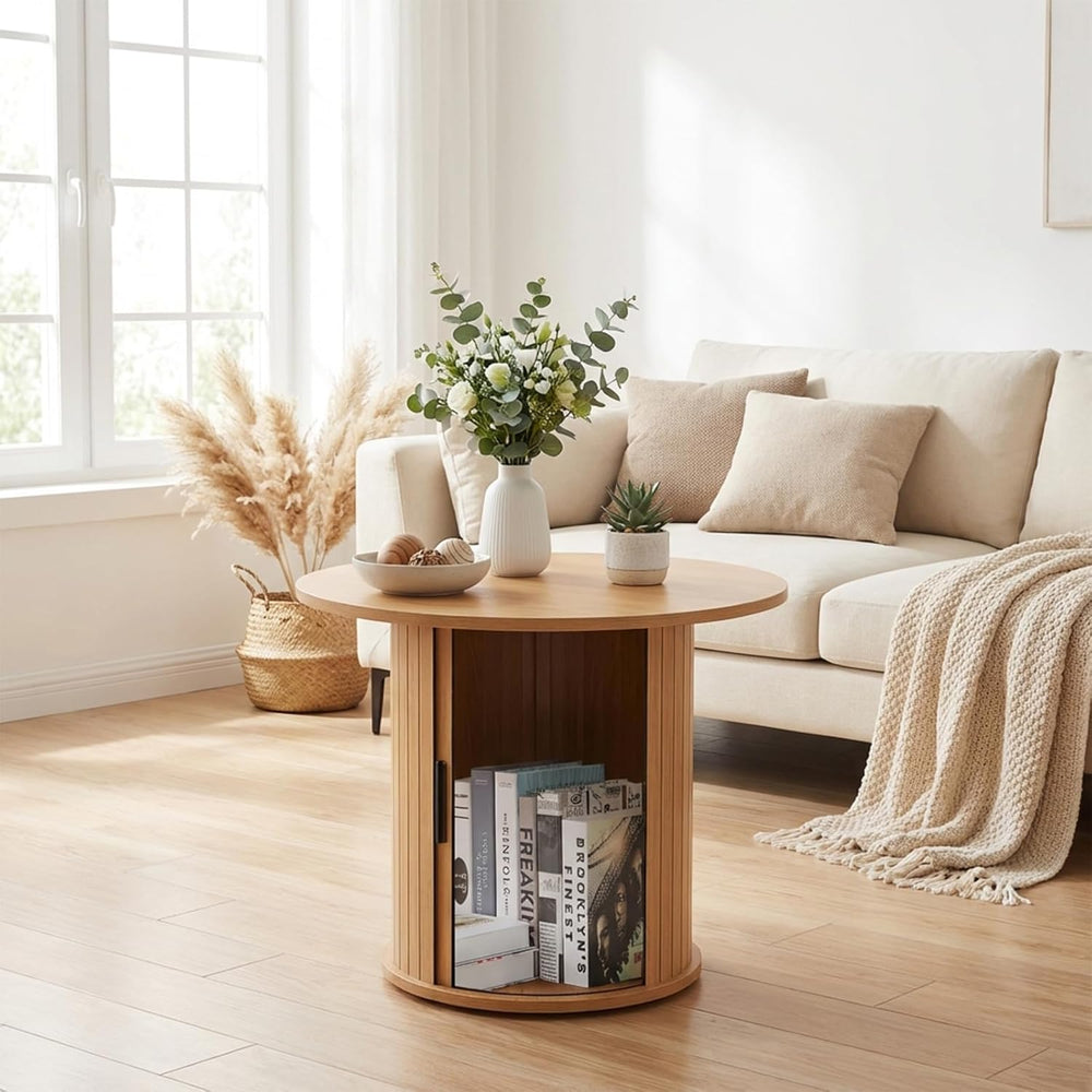 Modern Walnut End Table with Storage - Fluted Design Living Room Accent Table...