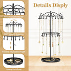 MODOWEY Rotating Necklace Holder Organizer Display Stand with 42 Hooks, 2 Tier Adjustable Metal Necklace Tree Rack with Jewelry Tray for Men Women, Tall Bracelet Storage Hanger for Selling, Black