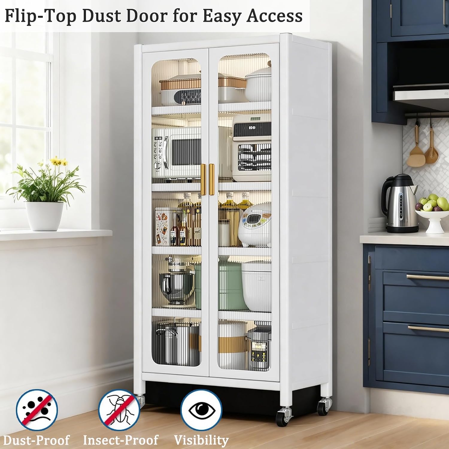 65" Metal Pantry Storage Cabinet with Flip Doors & Pegboard, 6-Tier Steel Kitchen Pantry Hutch with Adjustable Shelves, Anti-Tip Design for Kitchen, Dining Room, Garage (White -Kitchen Pantry)