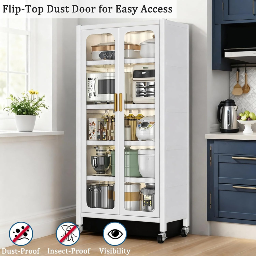 65'' Tall Kitchen Pantry Cabinet with Doors, White Storage Cabinet with Adjustable Shelves & Wheels, Metal Pantry Cabinets for Kitchen Storage Dining Room, Easy Assembly (White)