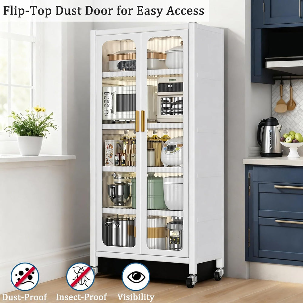 65" Metal Kitchen Cabinet with Transparent Doors, 6-Tier Rolling Pantry ...