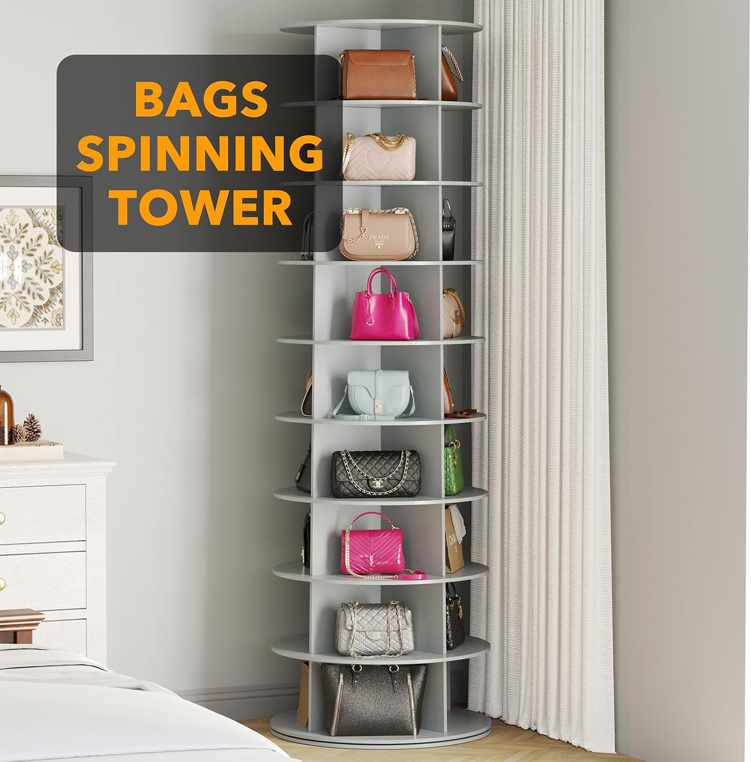 SpaceAid 9 Tier Rotating Shoe Rack Tower, Spinning Shoe Display Lazy Susan, Revolving 360 Shoe Rack Storage Round Carousel, Vertical Handbag Rotate Shoes Closet Organization (9-Tier Gray)
