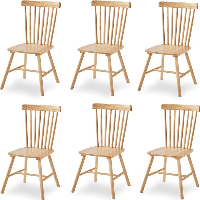 Natural Solid Wood Windsor Dining Chairs Set of 6 for Home Kitchen/Comapct Apartment/Small Space