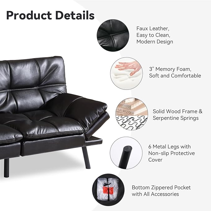 71" Convertible Futon Sofa Bed,Bright Black Faux Leather Futon Couch,Memory Foam Reclining Sleeper Sofa Bed,Modern Folding Small Loveseat Couches for Living Room,Office,Apartment
