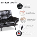 71" Convertible Futon Sofa Bed,Bright Black Faux Leather Futon Couch,Memory Foam Reclining Sleeper Sofa Bed,Modern Folding Small Loveseat Couches for Living Room,Office,Apartment