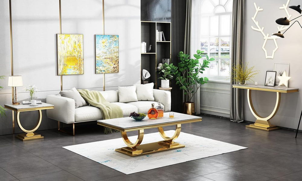 Modern Luxury Faux Marble End Table with Polished Gold Stainless Steel Base S...