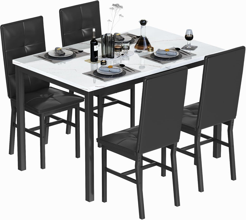 Hooseng Dining Table Set for 4, Faux Marble Small Kitchen Table with 4 PU Lea...