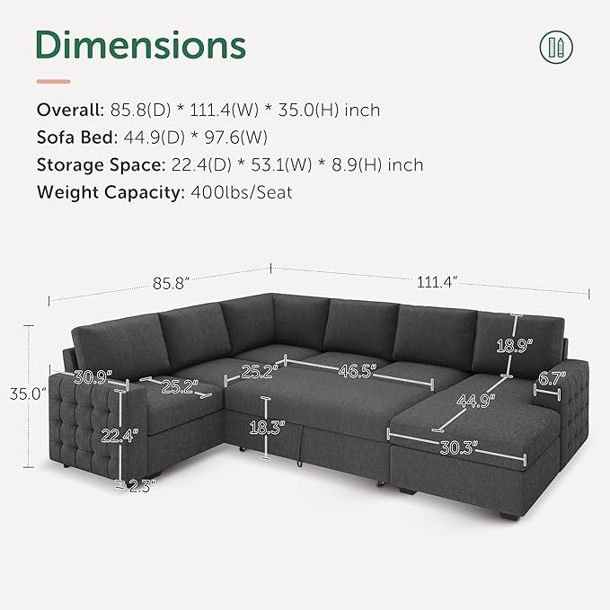 HONBAY Sectional Sleeper Sofa with Pull-Out Bed Storage Chaise, 6 Seater Couch for Living Room, Middle Grey