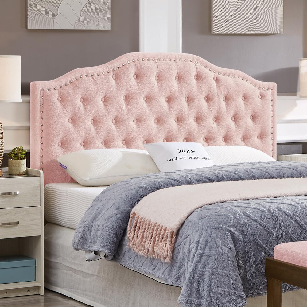 24KF Upholstered Button Tufted Queen Headboard with Nailhead Trim, Elegant Bo...