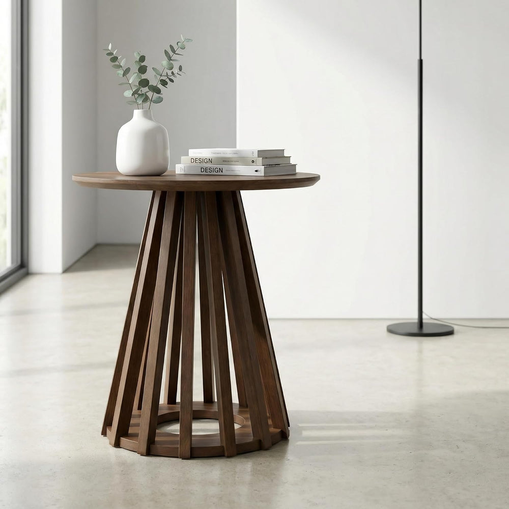 DUOMAY Modern Solid Wood Round Side Table with Geometric Base, Wood Accent En...