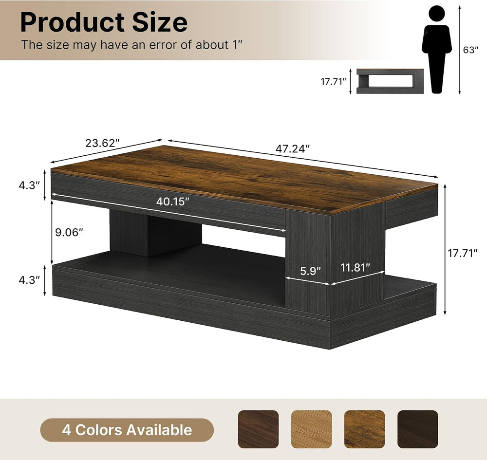 Miereirl Farmhouse Coffee Table with Storage Shelf, 2-Tier Wood Rustic Center...