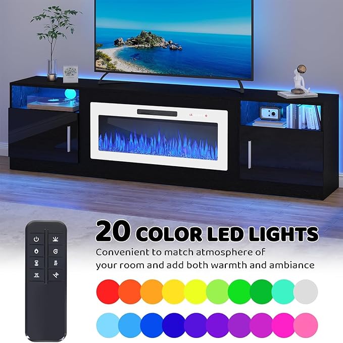 Lemberi Fireplace tv Stand with 36 inch White Fireplace Up to 90" TVs, LED Light Entertainment Center and Storage, 80" Modern Wood Media TV Console with Highlight Cabinet for Living Room (Black)