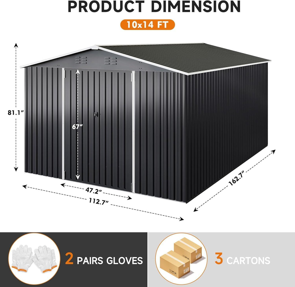 Polar Aurora 10 x 14 FT Outdoor Storage Shed, Metal Garden Shed with with Updated Frame Structure, Tool Sheds for Backyard Garden Patio Lawn, Black