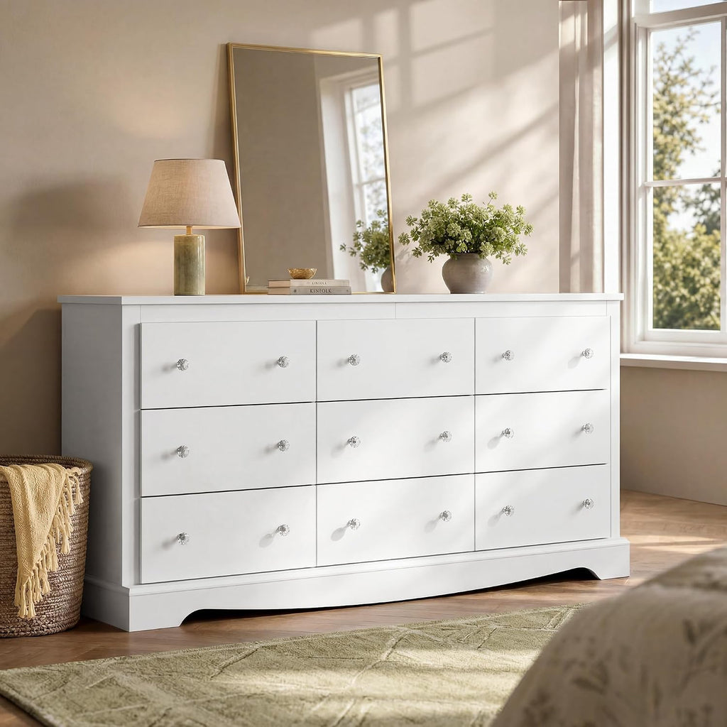 WLIVE 63" Dresser for Bedroom, Modern 9 Drawer Dresser with Exclusive Anti-Tip Structure, Large Wooden Chest of Drawers with Metal Handles for Living Room, Hallway, Closet, Home Furniture, White
