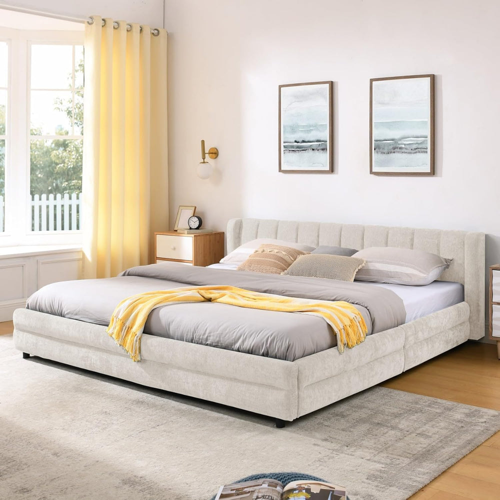 KEIKI Thick Chenille King Bed Frame with 4 Storage Drawer & Upholstered T...
