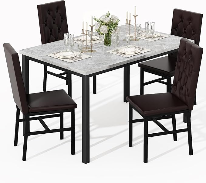 Hooseng Dining Table Set for 4, Faux Marble Small Kitchen Table Chairs Set of...