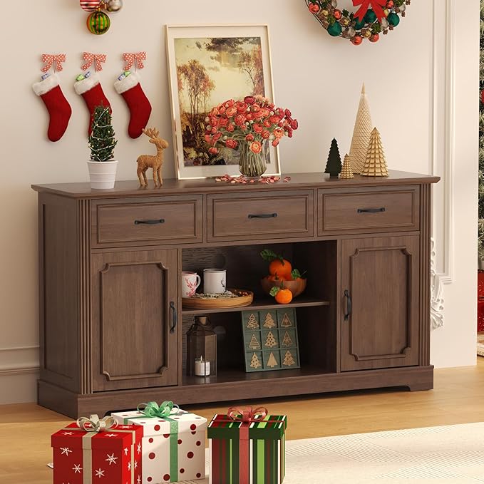 ARTPOWER TV Stand with 3 Drawers for TV up to 65'', Wood Mid Century Television Cabinet with Adjustable Shelves, Entertainment Center with Storage, Console for Living Room, Walnut