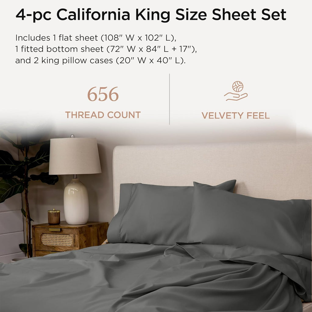 Threadmill California King Sheet Sets |Certified American Supima Cotton Sheets | 656 Thread Count 4 Piece Hotel Quality Luxury Bed Sheets Set with Elasticized Extra Deep Pocket |Dark Grey Sheets