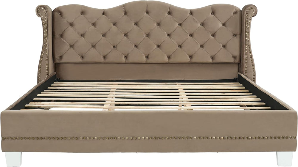 Merax Brown King Size Velvet Upholstered Bed Frame with Thick Tufted Wingback...