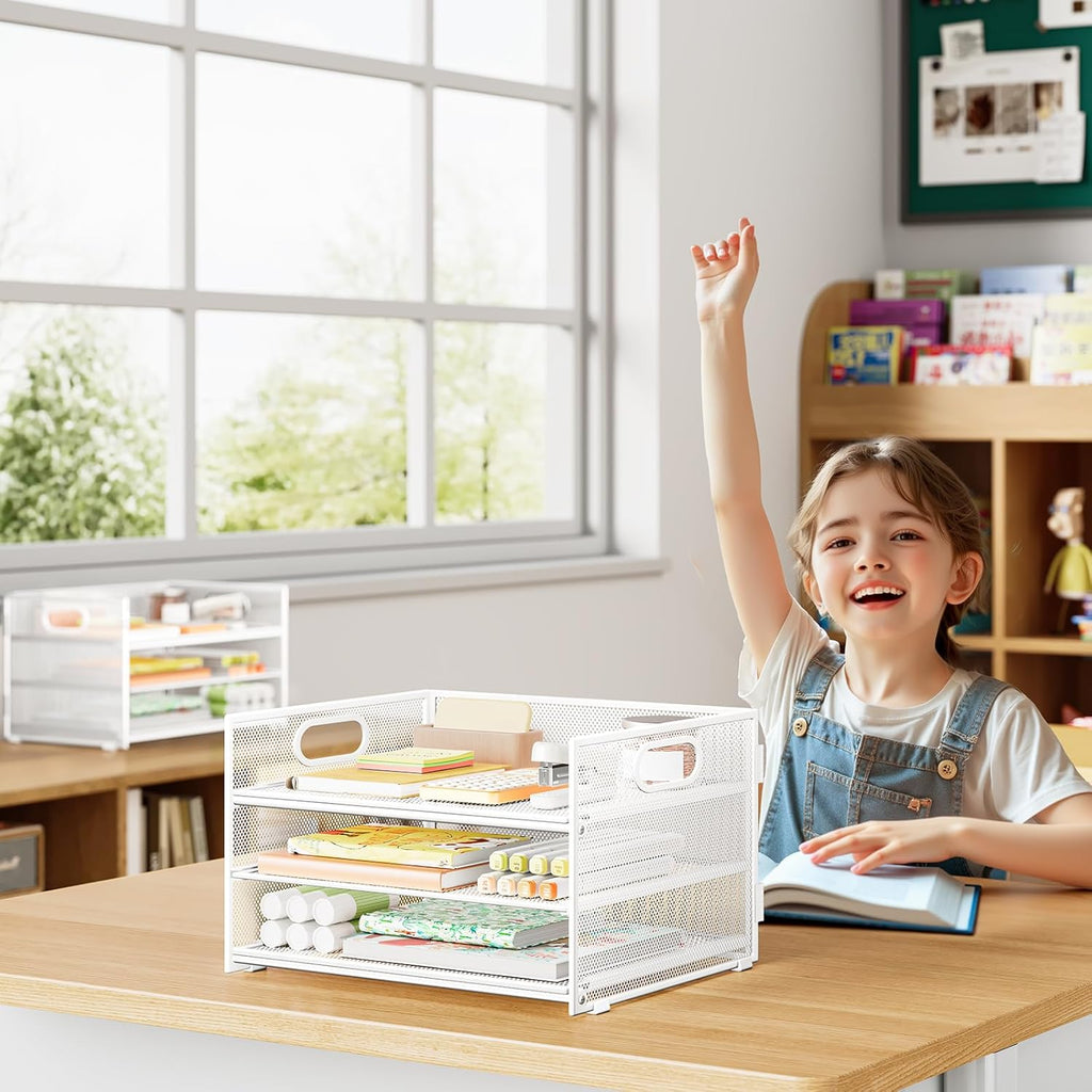Subekyu 2-Pack 3-Tier White Metal Mesh Desk Paper Letter Tray & File Sorter Organizer with Handle + 1 Sliding Tray for Desk, Home, Office, School Supplies, A4 Paper and Accessories Storage