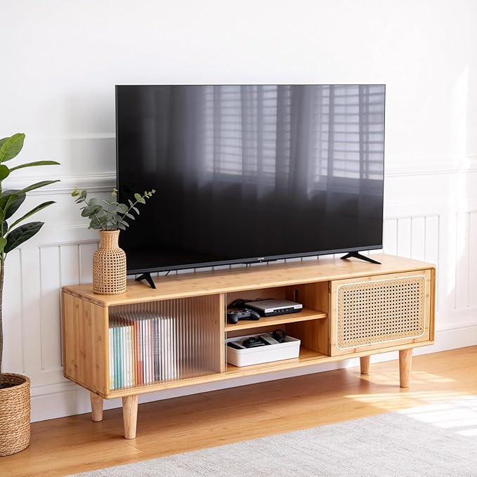 Tiita Rattan TV Stand for 55 Inch TV, Bamboo TV Cabinet with Adjustable Shelf and Storage, Boho Entertainment Center, Mid Century Modern Media Console for Bedroom, Living Room, Study (Natural)