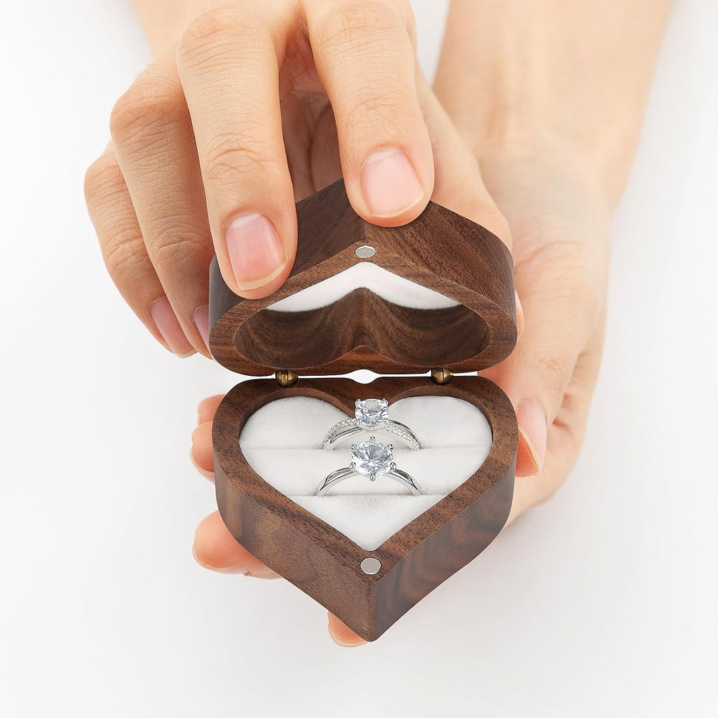 LETURE Wooden Heart Shape Ring Gift Box with Single Slot 2 Slot, Personalized Vintage Wood Jewelry Box for Proposal Engagement Wedding Ceremony Anniversary (White -2 Slot)