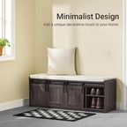 Haotian Industrial Style Shoe Storage Bench, Entryway Hallway Shoe Cabinet, Sliding Barn Doors, Drawer & Padded Seat Cushion, Rustic Window Bench for Mudroom (Brown)
