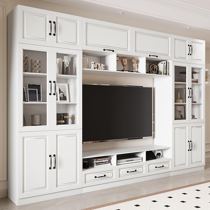 126" Entertainment Center Wall Unit with Glass Doors & Drawers, Large Wall Unit TV Stand for TVs up to 70", Media Console Table for Living Room, Can be Split into 4 Separate Cabinet, White