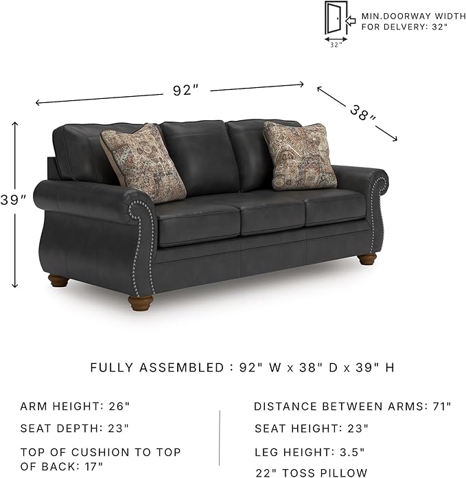 Signature Design by Ashley Shadsburne Rustic Faux Leather Sofa with Nailhead Trim and 2 Chenille Throw Pillows, Pillows With Soft Polyfill, Reinforced Frame For Added Stability, Black