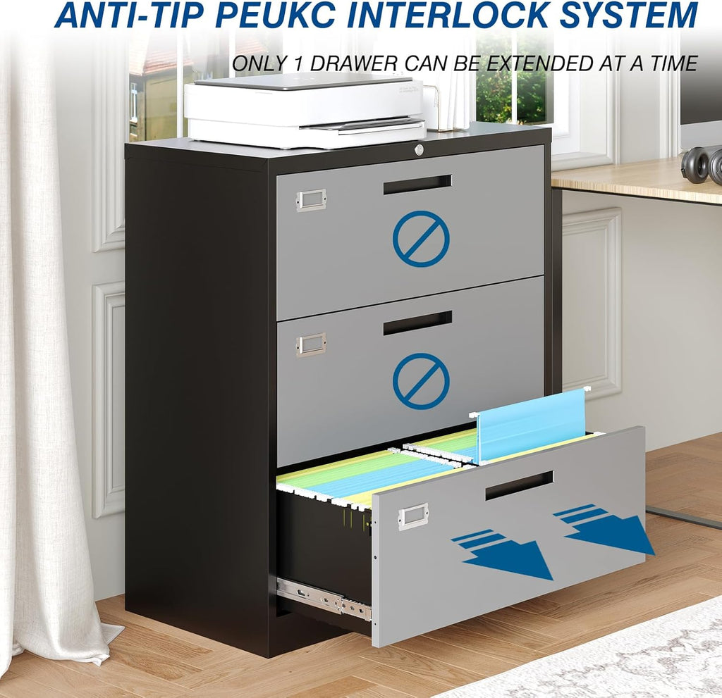 3 Drawer File Cabinet, Lateral Filing Cabinets for Home Office, Office Storage Drawers with Lock, Hanging Files Legal/Letter A4 Size (Assemble Required,Black Grey)