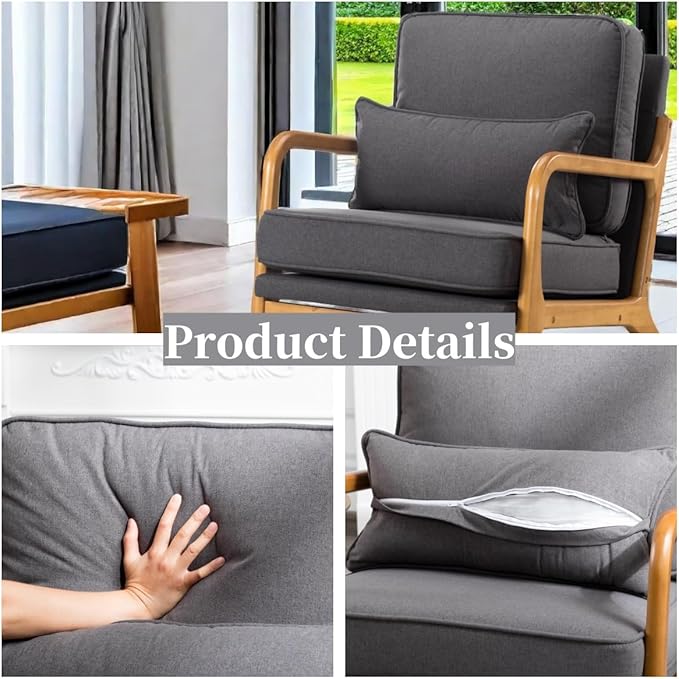 Armchair Upholstered Lounge Chair, Mid-Century Modern Accent Chair with Cushion, Lounge Chair Indoor Reading Chair with Wood Arms, Accent Chair for Living Room, Bedroom Office, Dark Gray