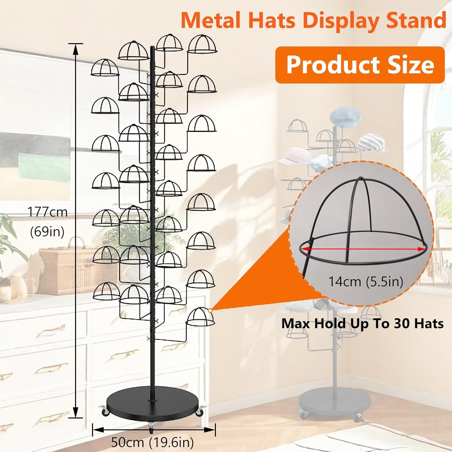 Hat Rack Stand, Metal Hats Display Stand, Standing Hat Rack, Hat Tree Stand with 30 Circular Hooks, Ball Cap Storage Organizer Rack for Stores/Home(Black)