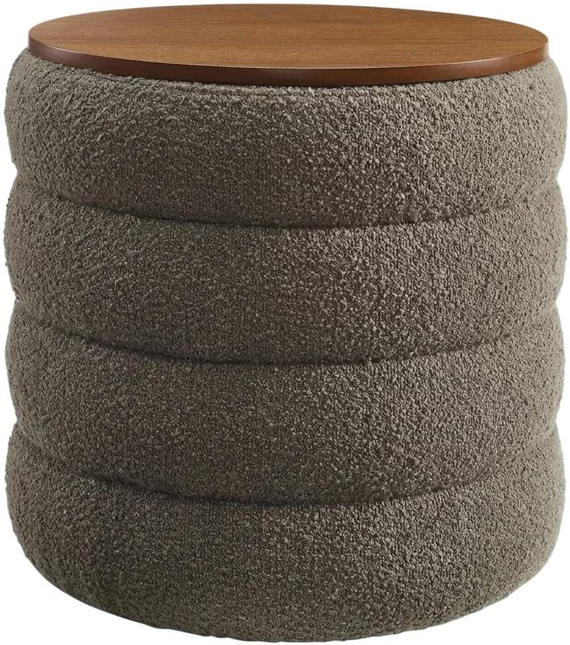 Gray Round Boucle Fabric Storage Ottoman, Indoor-Outdoor Seating, 17.3-Inch D...