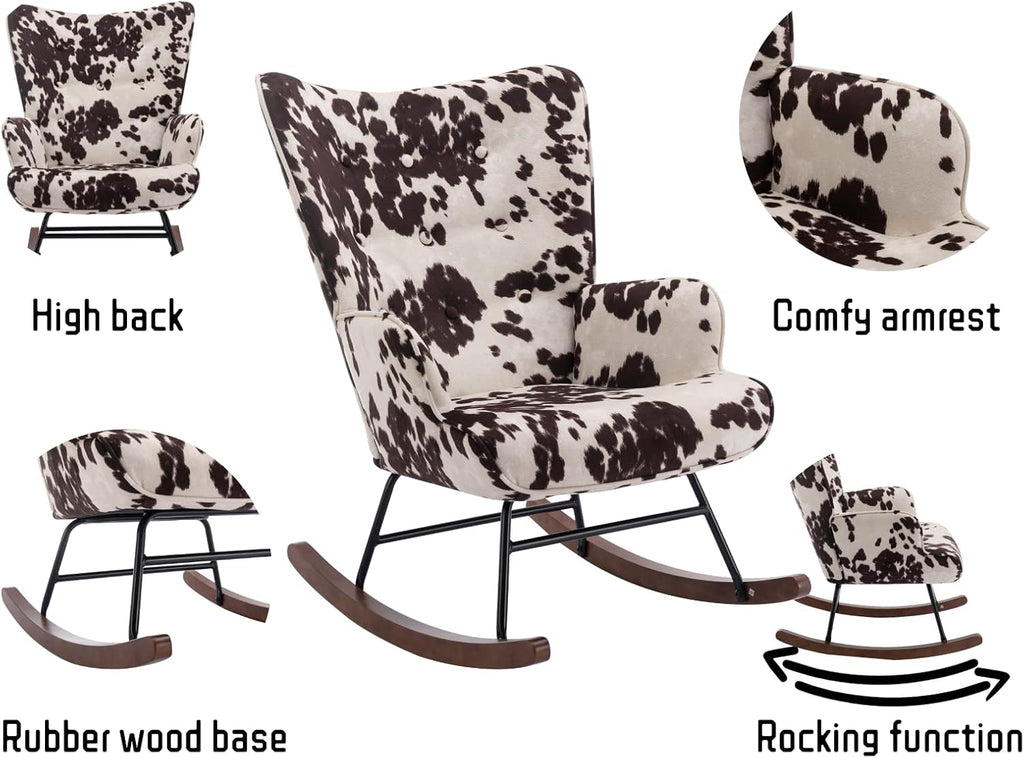 Shunzhi Modern Nursery Rocking Chair with Armrest, Upholstered Lazy Chair Tufted Side Chair Padded Reading Chair Comfy Club Chair Accent Chair for Living Room Bedroom Office Small Spaces, Cow
