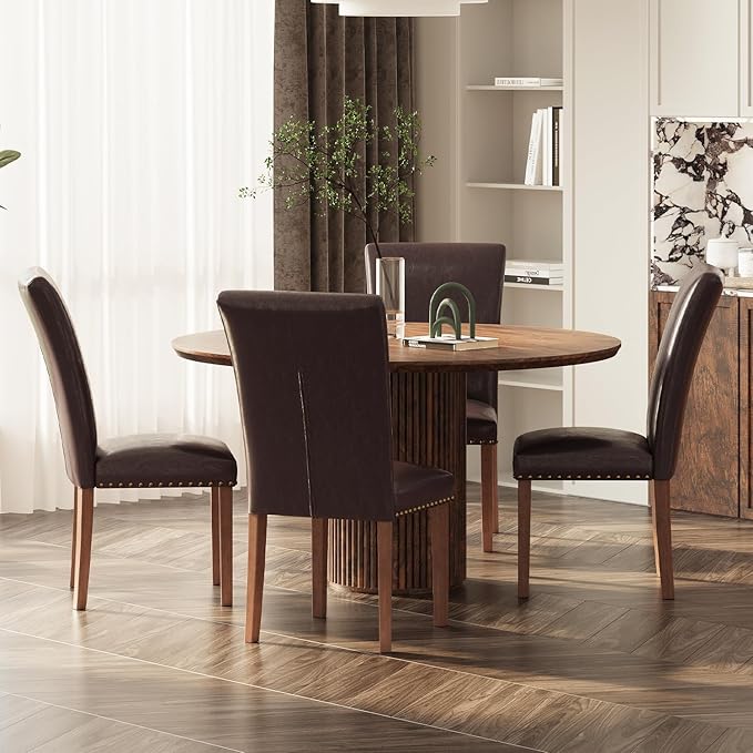 Stylish Dining Chairs Set of 4, Upholstered Parsons Dining Room Chair with Nailhead Trim, Kitchen Room Chair with Thick Cushions and Wood Legs, Nailhead Trim, Dark Brown Leather