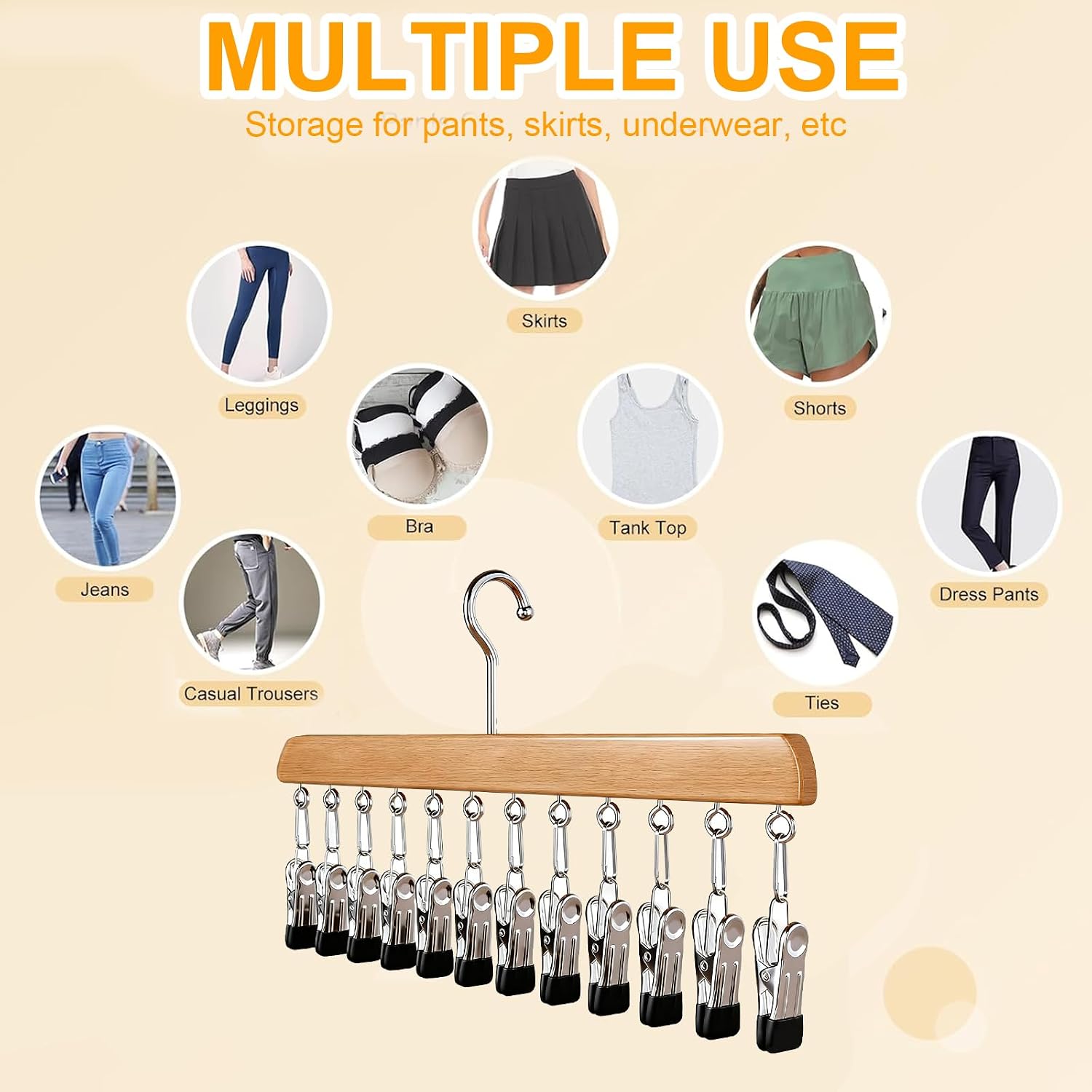 Closet Organizer with 10 Clips, 2 Pack Wooden Hanging Storage Hanger, Space Saving Multifunctional Rack for Ties, Scarves, Hats & Small Accessories