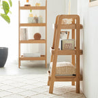 3-Tier Ladder Shelf, Solid Wood Ladder Bookshelf, Mid-Century Modern Leaning Shelves, Oak Wooden Floor Bookcase w/Storage Rack, End Side Table for Living Room Kitchen Bedroom, Natural