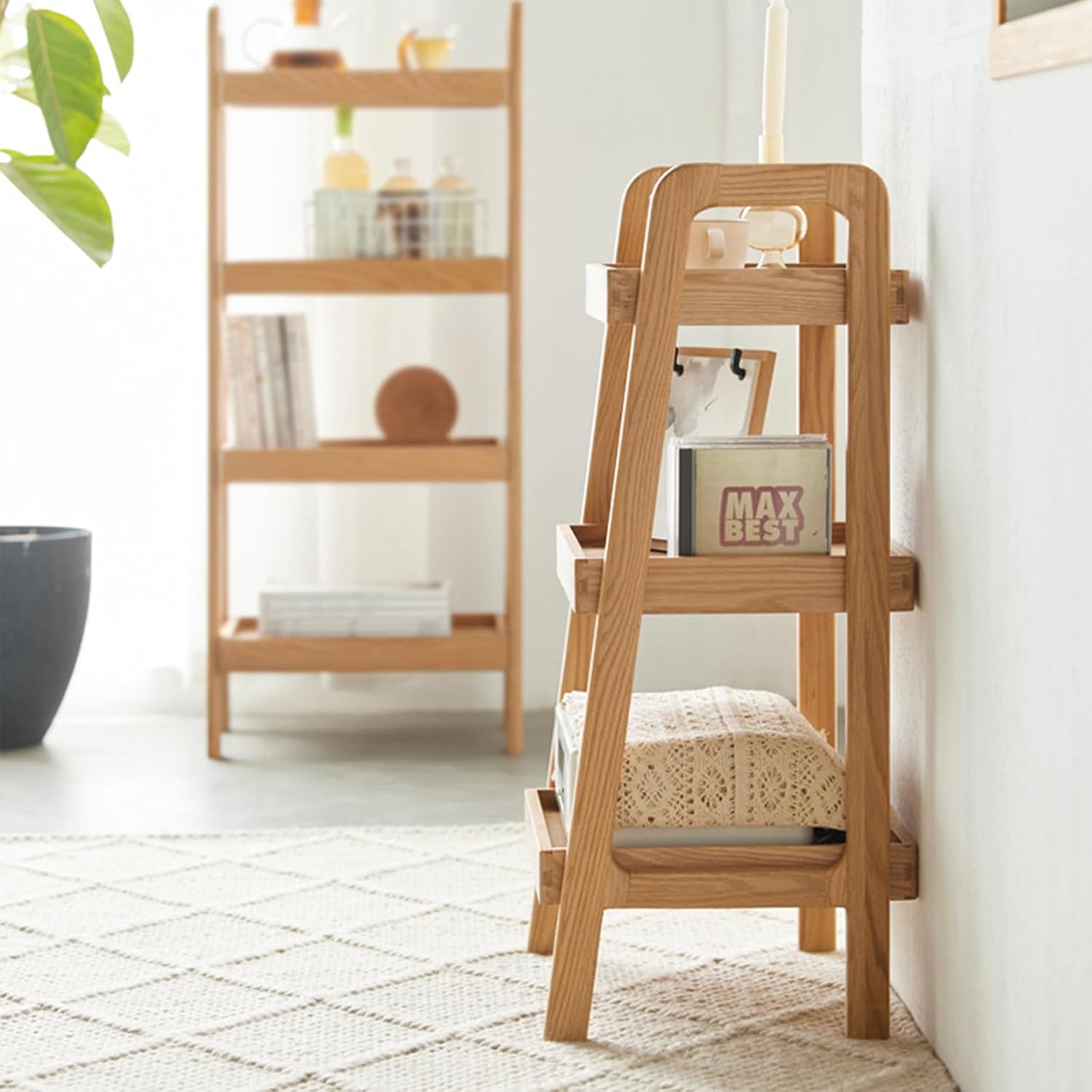 3-Tier Ladder Shelf, Solid Wood Ladder Bookshelf, Mid-Century Modern Leaning Shelves, Oak Wooden Floor Bookcase w/Storage Rack, End Side Table for Living Room Kitchen Bedroom, Natural