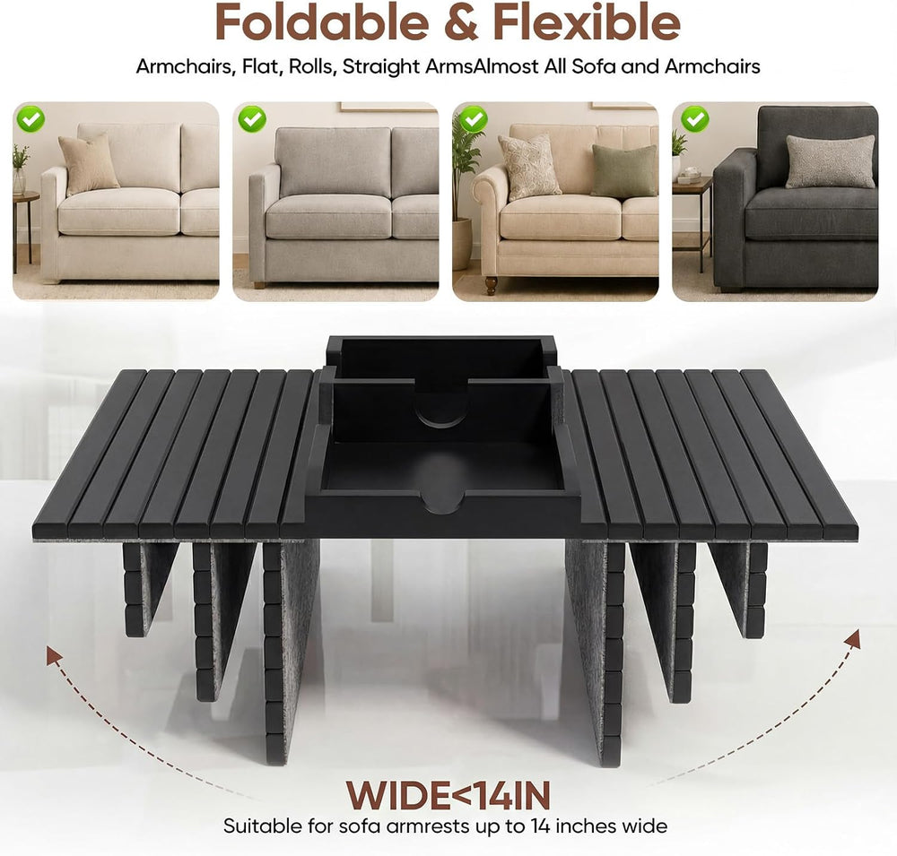 Bamboo Couch Arm Tray Table with Built-in Cup Holder, Foldable Anti-Slip Sofa...
