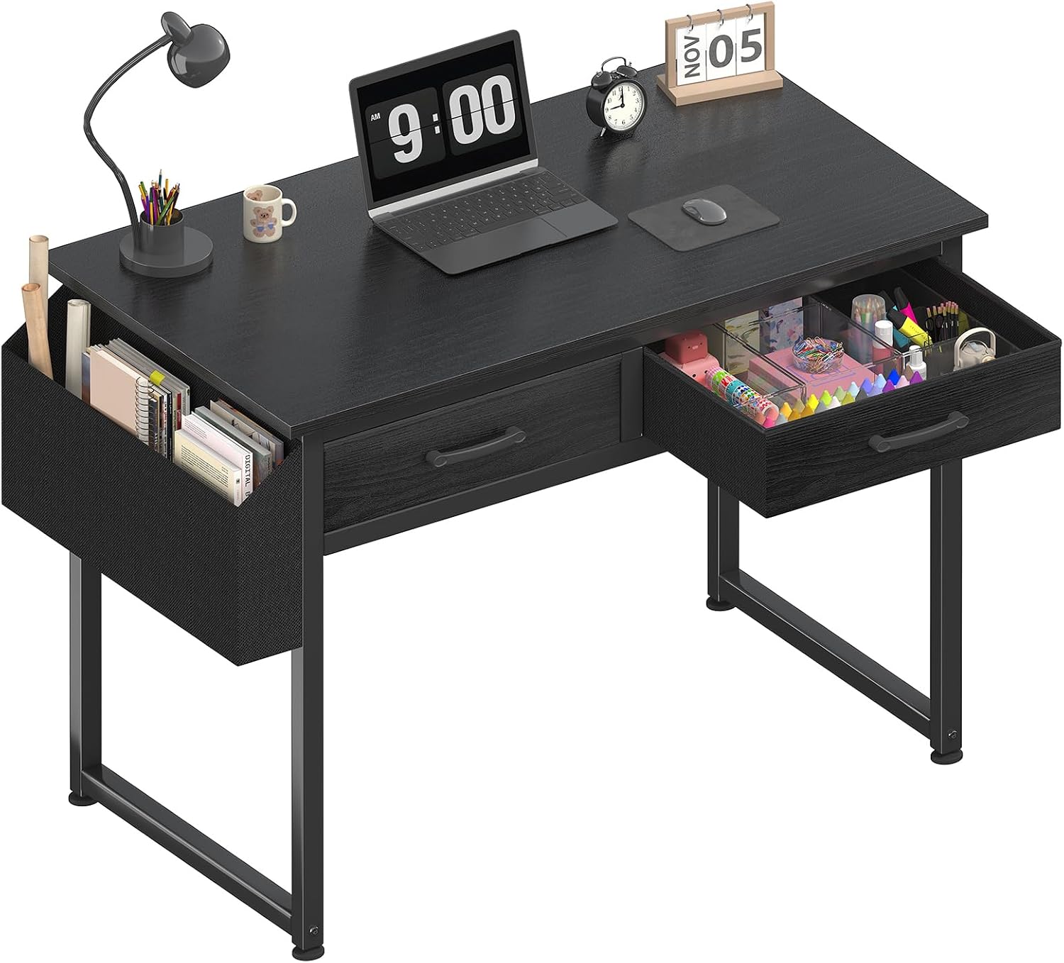 DLisiting Small Desk with Fabric Drawers for Bedroom, 32 Inch Gaming Desk with 2 Drawers for Small Space, Study Writing Table PC Desks, Black