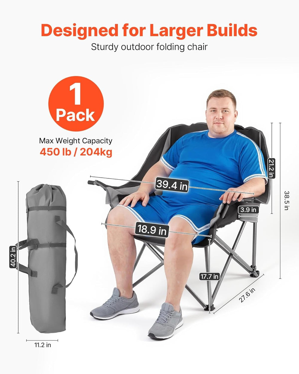 VEVOR Oversized Camping Chairs, 450 lbs Heavy Duty Support, Portable Padded F...