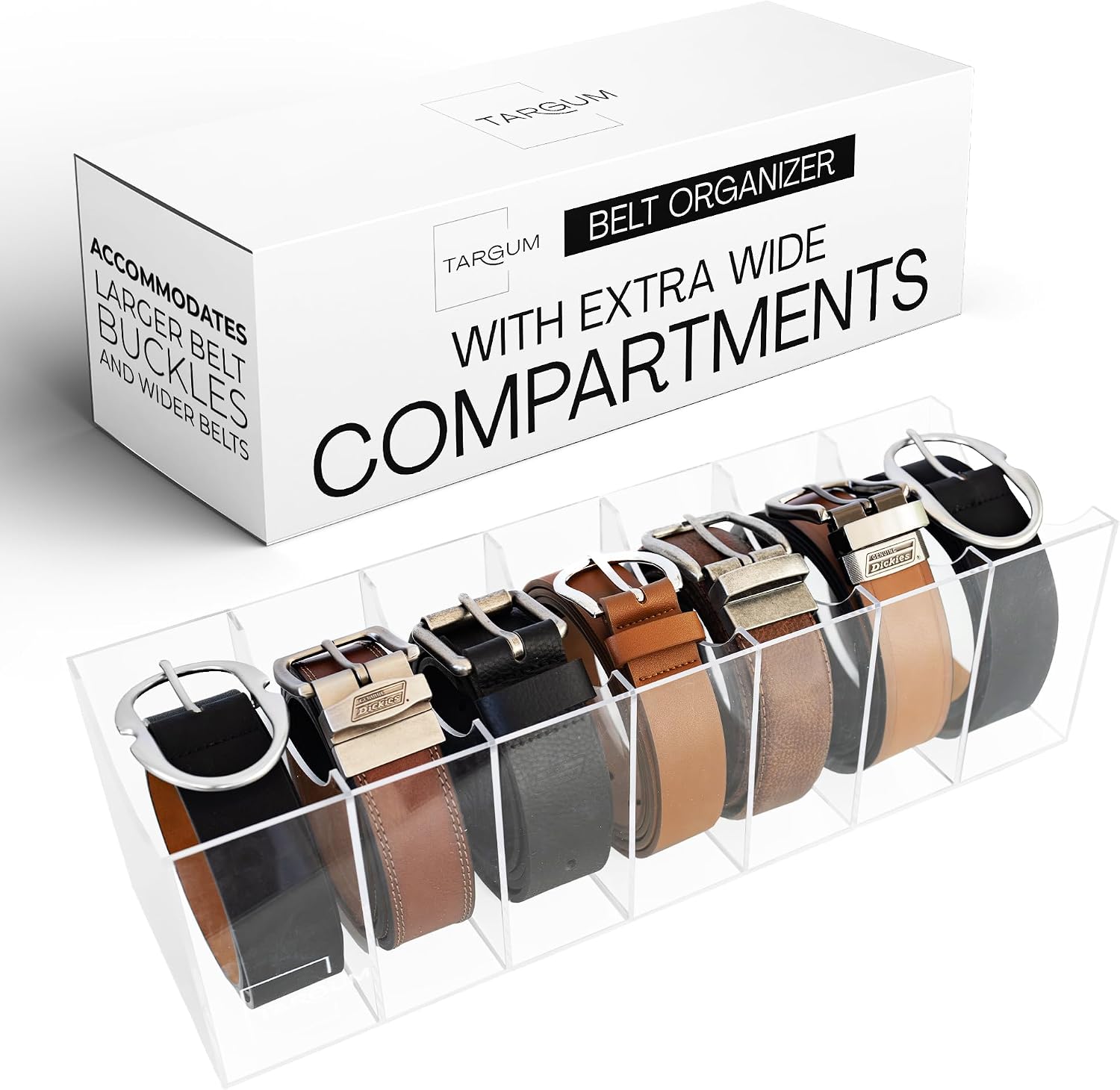 Targum Extra-Wide Belt Organizer for Large Buckles – 7-Compartment Clear Acrylic Belt Holder for Closet, Drawer & Dresser Storage