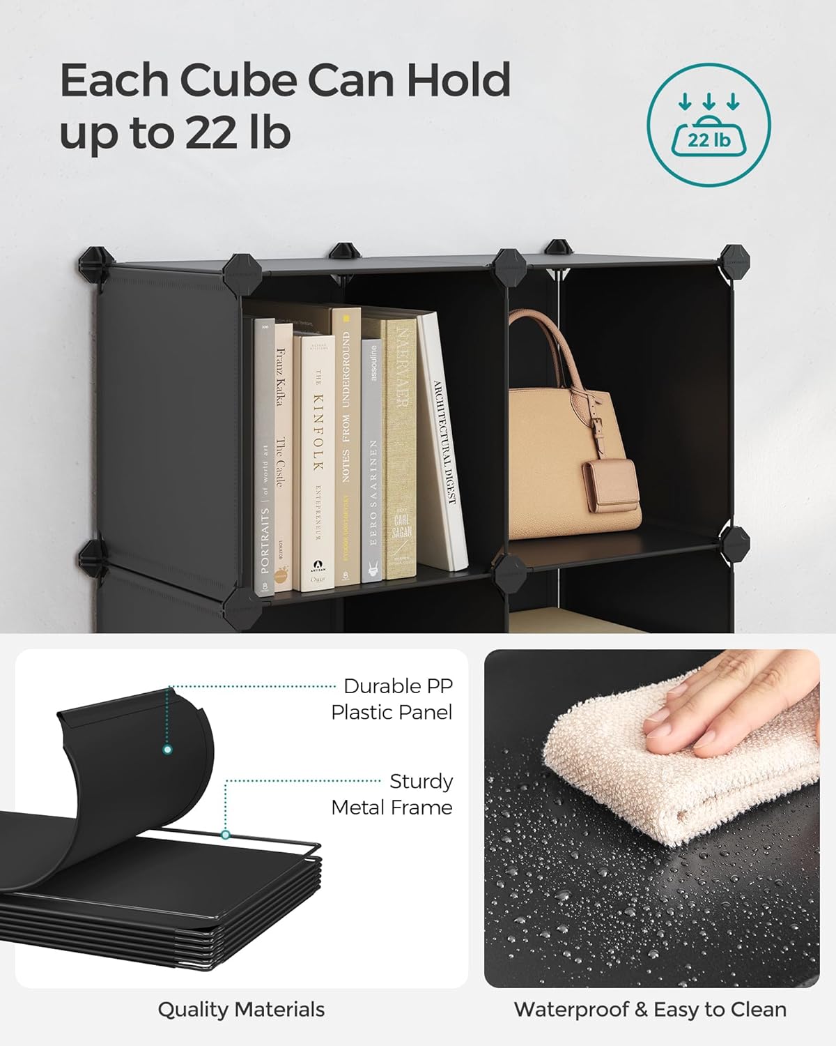 SONGMICS 6 Cube Storage Organizer, Modular Bookshelf, DIY Closet Organizers and Storage, Plastic Stackable Shelves, 11.8 x 11.8 x 11.8 Inch Cubes, with Feet and Rubber Mallet, Black ULPC06H