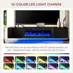 MXV 80'' Floating TV Stand with 40" Electric Fireplace, Modern Media Entertainment Center, TV Console Cabinet Wall Mounted with Adjustable 12-Color LED Lights, for Living Room, Black + Black