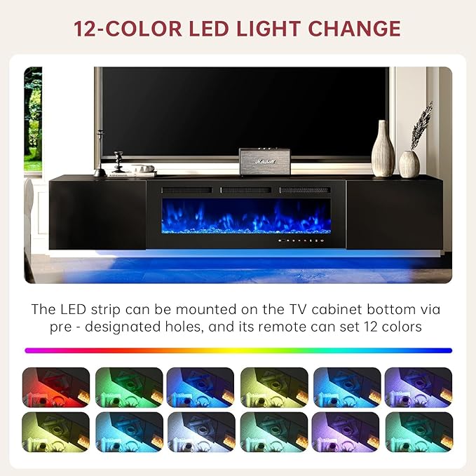 MXV 80'' Floating TV Stand with 40" Electric Fireplace, Modern Media Entertainment Center, TV Console Cabinet Wall Mounted with Adjustable 12-Color LED Lights, for Living Room, Black + Black
