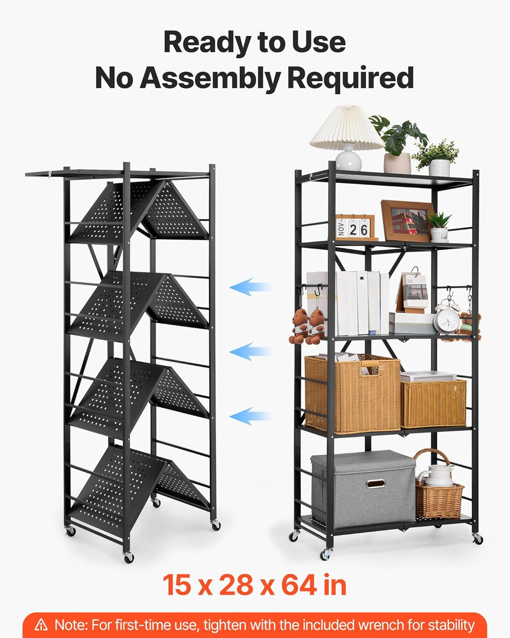 VEVOR 5-Tier Foldable Storage Shelf, 28W x 15D x 64H Inch Folding Metal Rack Shelving Unit, No Assembly Organizer Shelf with 5 Wheels & 4 Hooks for Pantry, Kitchen, Garage, Basement, Black