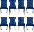 Velvet Upholstered Dining Chairs Set of 8, Modern Style Kitchen Side Chairs with Nailhead Trim and Silver Plated Leg, Metal Pulling Ring for Dining Room Living Room(Blue)