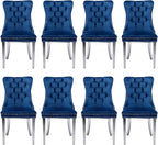 Velvet Upholstered Dining Chairs Set of 8, Modern Style Kitchen Side Chairs with Nailhead Trim and Silver Plated Leg, Metal Pulling Ring for Dining Room Living Room(Blue)
