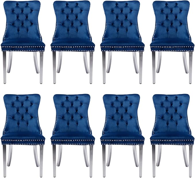 Velvet Upholstered Dining Chairs Set of 8, Modern Style Kitchen Side Chairs with Nailhead Trim and Silver Plated Leg, Metal Pulling Ring for Dining Room Living Room(Blue)